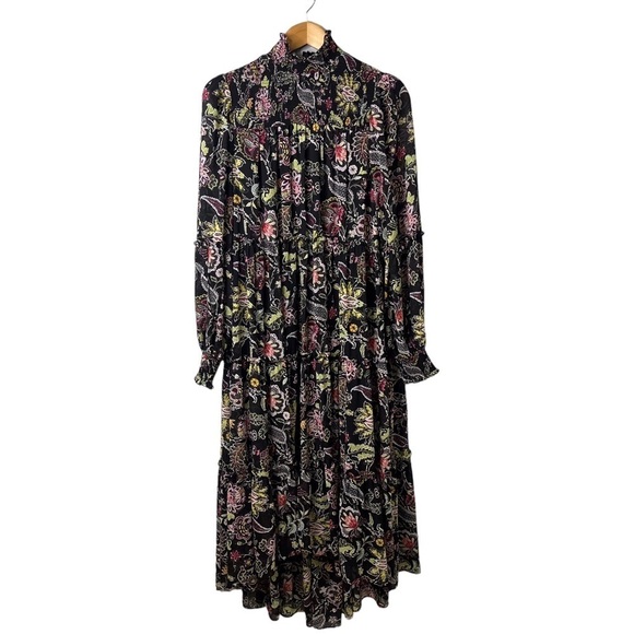 cinq a sept Paisley Long Sleeve Dress Black Size 6 High Low Hem Mock Neck - Picture 2 of 10